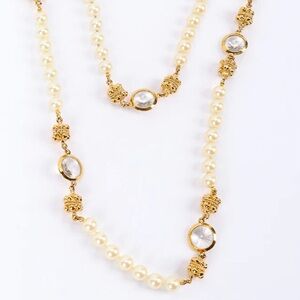 St. John Vintage Chiclet Crystal Pearl Chain Sautoir Gold Tone Necklace